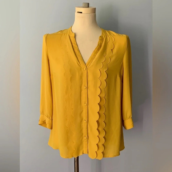 Anthropology meadow rue gold mustard yellow scalloped blouse size 8 button down - Picture 1 of 12